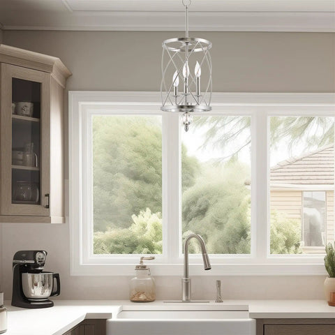 Modern Dope 3-Light Geometric Lantern Chandelier in Brushed Nickel Finish with crystal orb over kitchen sink
