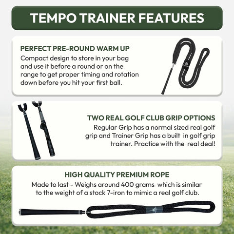 Golf Swing Tempo Trainer With Weighted Rope Training Aid, black, showing features and grip options for smooth swing practice.
