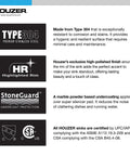 Houzer stainless steel features including Type 304 material, highlighted rim, StoneGuard, and certifications.