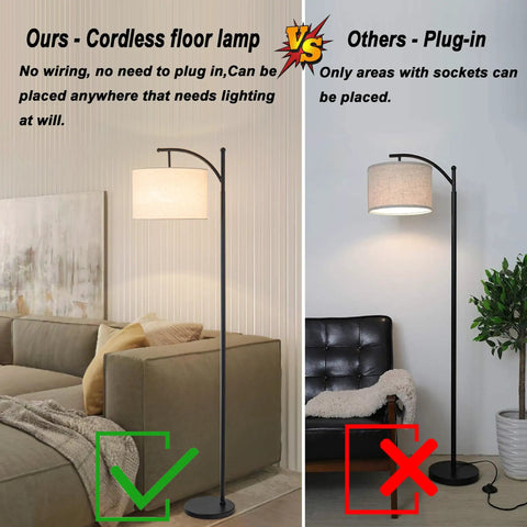 Image comparing Go Anywhere Cordless Battery Powered Floor Lamp With Remote Control to plug-in lamp in different room setups