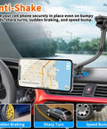 Heavy Duty Magnetic Phone Car Mount With 14 Inch Gooseneck Long Arm Extension showing phone in use on dashboard with anti-shake features.