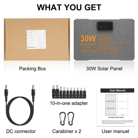 Packaging contents of Foldable 30W Solar Panel Kit with 18V ETFE Panels USB 3 0 Type C and DC Outputs for RV Camping Off Grid