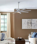 Tight Smart Ceiling Fan With Eight Sleek Blades And Matte White Aluminum Design glides silently in modern living room setting.