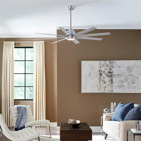 Tight Smart Ceiling Fan With Eight Sleek Blades And Matte White Aluminum Design glides silently in modern living room setting.