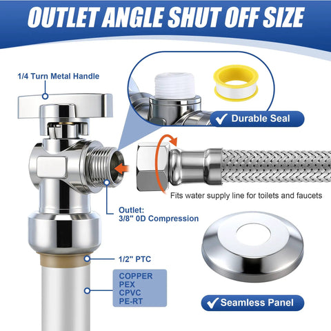Heavy Duty Half Inch Toilet Angle Shut Off Valve Kit With 12 Inch Supply Line Plug And Play Setup For Hassle Free Plumbing Repairs and Quick No Fuss DIY Bathroom Fixes That Get It Done Right showing durable components and fittings.