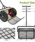 Diagram showing 24 Inch Compost And Top Dressing Spreader for lawns with peat moss capabilities, dimensions, and mesh details.