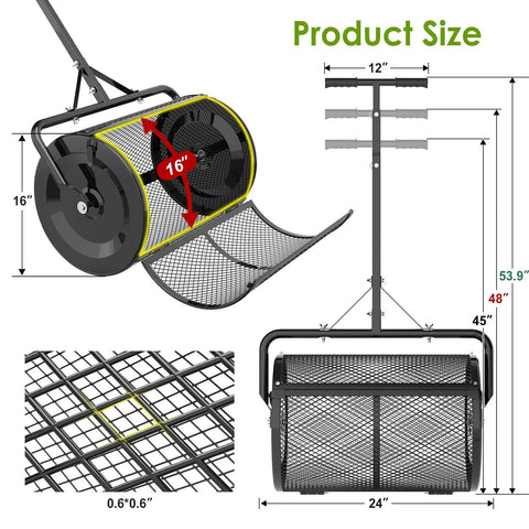 Diagram showing 24 Inch Compost And Top Dressing Spreader for lawns with peat moss capabilities, dimensions, and mesh details.