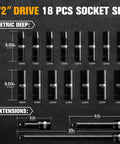 Image of 18 Piece Half Inch Drive Deep Impact Socket Set With 6 Point Metric Sizes 10mm Through 24mm, CRV Steel, extensions shown