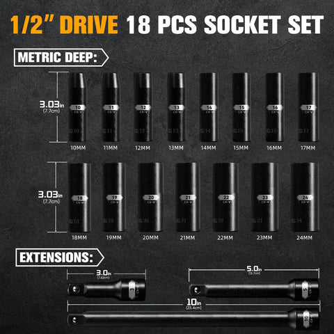 Image of 18 Piece Half Inch Drive Deep Impact Socket Set With 6 Point Metric Sizes 10mm Through 24mm, CRV Steel, extensions shown