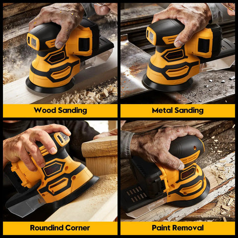 Cordless Random Orbital Sander With Brushless Motor Built Tough To Hustle Through Woodworking Kicks Up Dust Without Sweat Compatible With 20V Batteries Ultimate DIY Shop Essential in use for multi-surface sanding.