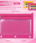 50 Pack Pencil Pouches With Clear Window For 3 Ring Binders showing pink pouch with reinforced grommets and large transparent window.