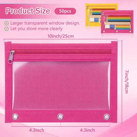 50 Pack Pencil Pouches With Clear Window For 3 Ring Binders showing pink pouch with reinforced grommets and large transparent window.