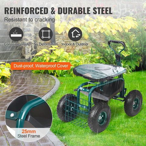 Green Garden Cart Rolling Workseat With Wheels 360 Degree Swivel Gardening Stool with steel frame and steering handle