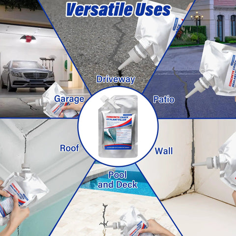 No Sweat Concrete Crack Filler Set Self Leveling Flexible Sealant For Driveways And Foundations 50 Oz Complete Tool Kit displayed for versatile indoor and outdoor uses.