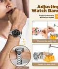 Person adjusting watch band using All In One Watch Repair Tool Kit With Press Tool And Link Removal Set Spring Bar Tool Set.
