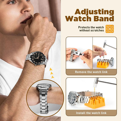 Person adjusting watch band using All In One Watch Repair Tool Kit With Press Tool And Link Removal Set Spring Bar Tool Set.