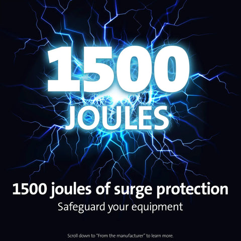 Graphic showing 1500 joules surge protection for Six Outlet Surge Protector With A 16 Foot Cord And 1500 Joules Of Tabletop Surge Protection.