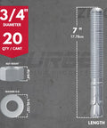 Front view of 3/4 inch zinc plated wedge anchor, dimensions shown, for Heavy Duty Three Quarters Inch Wedge Anchors For Concrete And Cement With Zinc Plating Seven Inch Length Box Of Twenty For Reliable Hold In CMU And Block Rust Resistant Fastening.