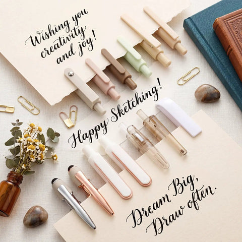 Beige 13 Pack Gel Pens Set With 0.5mm Fine Point Gel Pens And 1.0mm Retractable Ballpoint Pens on decorative paper background.
