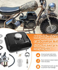 Gas Tank Carburetor Kit For 212cc 196cc 6.5HP Go Kart Mini Bike Engines Upgrade Fits Honda GX160 GX200 Coleman CT200U BT200X KT196 Baja Warrior Massimo MB200 Includes Tank Cap In Tank Filter Carb Spark Plug Gaskets, shown with mini bike and kit components.