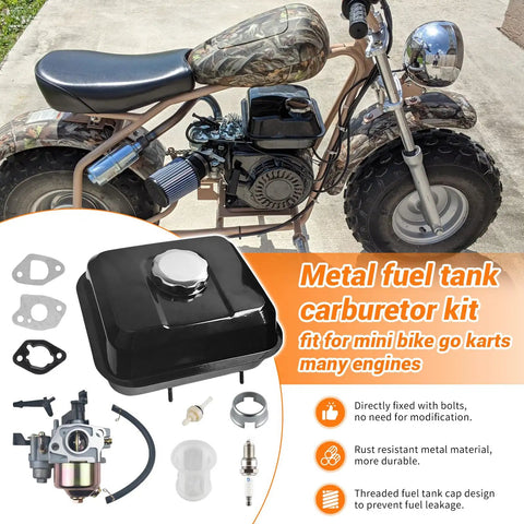 Gas Tank Carburetor Kit For 212cc 196cc 6.5HP Go Kart Mini Bike Engines Upgrade Fits Honda GX160 GX200 Coleman CT200U BT200X KT196 Baja Warrior Massimo MB200 Includes Tank Cap In Tank Filter Carb Spark Plug Gaskets, shown with mini bike and kit components.