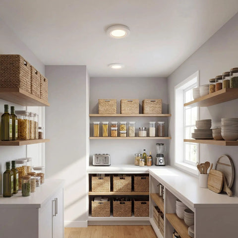Emblem Collection Surface Mount LED Light Aluminum White Finish illuminating a modern kitchen space with shelves and storage