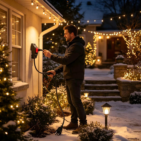 Hella Durable 3 Ft Outdoor Extension Cord With Snappy Inline Switch And Bright Led Indicator in winter setting.