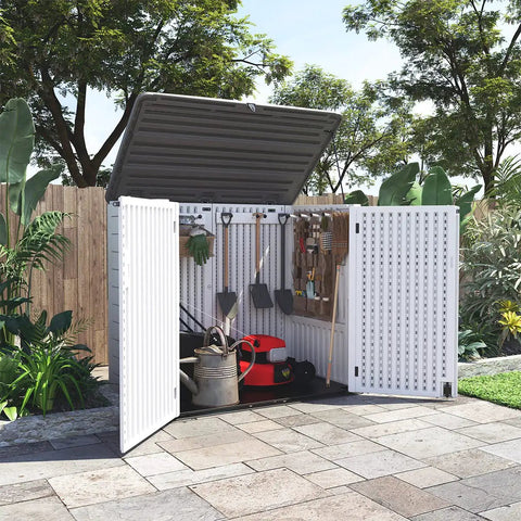 Big Weatherproof Outdoor Storage Shed Box For Garden And Backyard, Waterproof 48 Cu Ft Capacity, Holds Garbage Cans, Lawn Mower, And Tools, Durable Horizontal Storage Cabinet For Patio Or Shed shown open with tools inside.