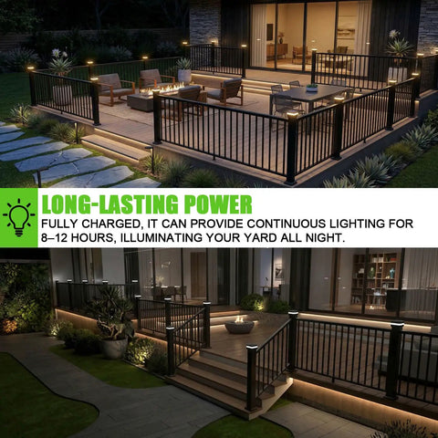 Top Shelf Solar Post Cap Lights 8 Pack Offering Easy Swap Between 3000K And 6000K Led, Dependable Dusk To Dawn Deck Fence Railing Lighting in patio setting.