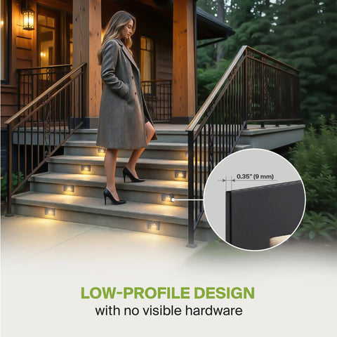 LED Recessed Step Light For Outdoor Stairway Dusk To Dawn With Motion Sensor And Photocell, showing low-profile design on steps