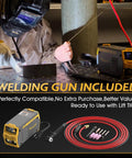 Person using Garage Ready Bang-For-Your-Buck 135A Stick And Lift TIG Arc Welder with TIG torch and accessories on metal surface.