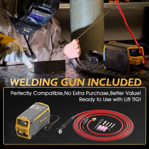 Person using Garage Ready Bang-For-Your-Buck 135A Stick And Lift TIG Arc Welder with TIG torch and accessories on metal surface.