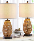 Rattan Touch Control Table Lamps Set of 2 with 3 Way Dimming for Bedroom Bedside Use Includes 2 USB Ports and AC Outlet