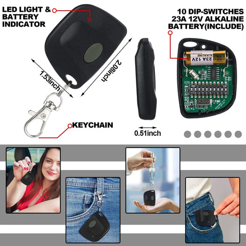 Image of Three Pack Garage Door Opener Remote Compatible With Multicode 300MHz 10 Dip Switch 3089 3060 3070 with keychain.
