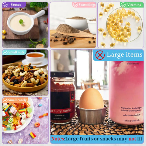 Collage of Leakproof 1.6 Ounce Stainless Steel Salad Dressing Containers With Lids On The Go, shown with various contents