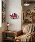 1957 Chevrolet Bel Air Floating Wall Shelf With LED Headlights Tempered Glass Display Surface For Die Cast Cars Photos Collectibles And Small Plants Dope Vintage Red Car Decor For Man Cave Or Garage in man cave setting