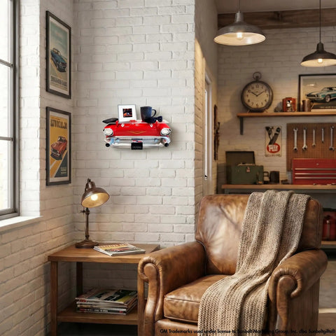 1957 Chevrolet Bel Air Floating Wall Shelf With LED Headlights Tempered Glass Display Surface For Die Cast Cars Photos Collectibles And Small Plants Dope Vintage Red Car Decor For Man Cave Or Garage in man cave setting