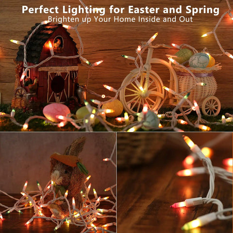 Easter String Lights 33Ft 150 Count Pastel Incandescent Mini Fairy Lights UL Certified draped over decor with eggs and basket.