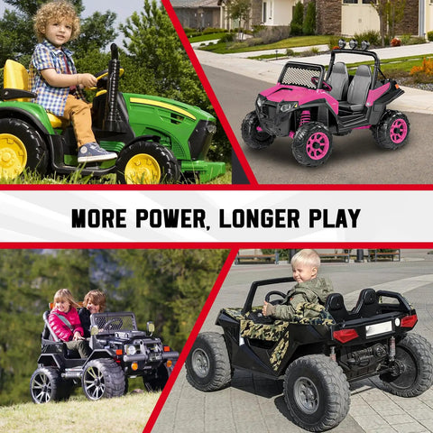 Children playing with Peg Perego ride-on cars, featuring Power Wheel Battery Adapter for Milwaukee 18V packs, outdoors.