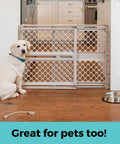 Top Shelf Adjustable Baby Gate For Kids And Toddlers Heavy Duty Plastic Child Safety Barrier offering no fuss installation with dog.