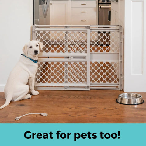 Top Shelf Adjustable Baby Gate For Kids And Toddlers Heavy Duty Plastic Child Safety Barrier offering no fuss installation with dog.