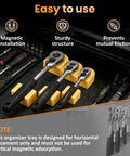 Magnetic Ratchet Organizer Kit 3 Pack Set with modular wrench holders in a toolbox showing quarter, three eighth, half inch drive ratchets.