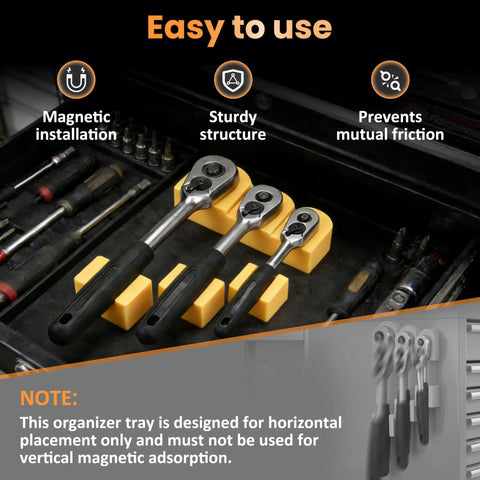 Magnetic Ratchet Organizer Kit 3 Pack Set with modular wrench holders in a toolbox showing quarter, three eighth, half inch drive ratchets.