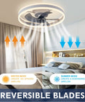 Low Profile Ceiling Fan With Lights 19.7 Inch Flush Mount Cool Sleek Modern Smart Dimmable Fan With Remote Or App Control Reversible Blades For Bedroom And Living Room White For Any Space At Home displaying reversible airflow modes in a bedroom setting.