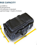 Large black and gray dance competition travel bag with garment rack, 28-inch size, shown with capacity and dimensions for performance gear.