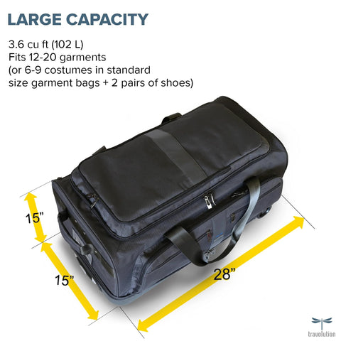Large black and gray dance competition travel bag with garment rack, 28-inch size, shown with capacity and dimensions for performance gear.