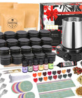 All In One Candle Making Kit For Adults DIY Starter Set With Soy Wax Melt Pot Electric Stove Wicks 20 Black Candle Tins 6 Essential Scents Labels And Accessories For Homemade Scented Candles displayed