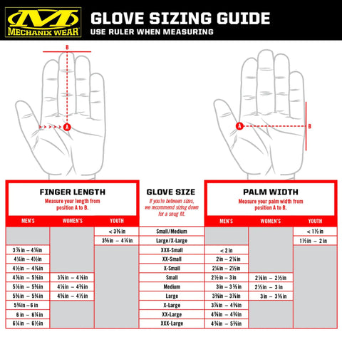Glove sizing guide showing hand measurement directions for finger length and palm width, applicable for Multi Purpose Work Gloves For Outdoor Jobs With Touchscreen Capability Secure Fit Pro Grade Durable Construction Machine Washable Breathable And All Day Comfortable Large Size Black.