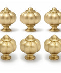 Solid Brass Cabinet Knobs And Gold Pumpkin Drawer Pulls Featuring Vintage Floral Accents For Kitchen Cupboards And Dressers Heavy Duty 6 Pack 1 1 8 Inch sets of six gold pumpkin knobs on white background.