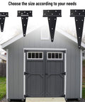 Comparison chart of 10 Inch T Strap Gate Hinges in different sizes for shed with visible installation on barn doors